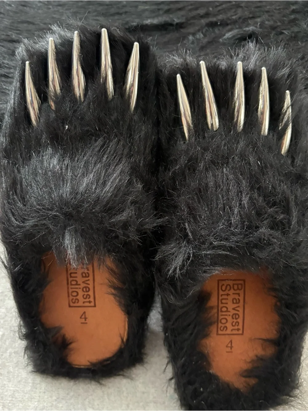 Bravest Studios Black Furry Kids Slippers with Silver Claws